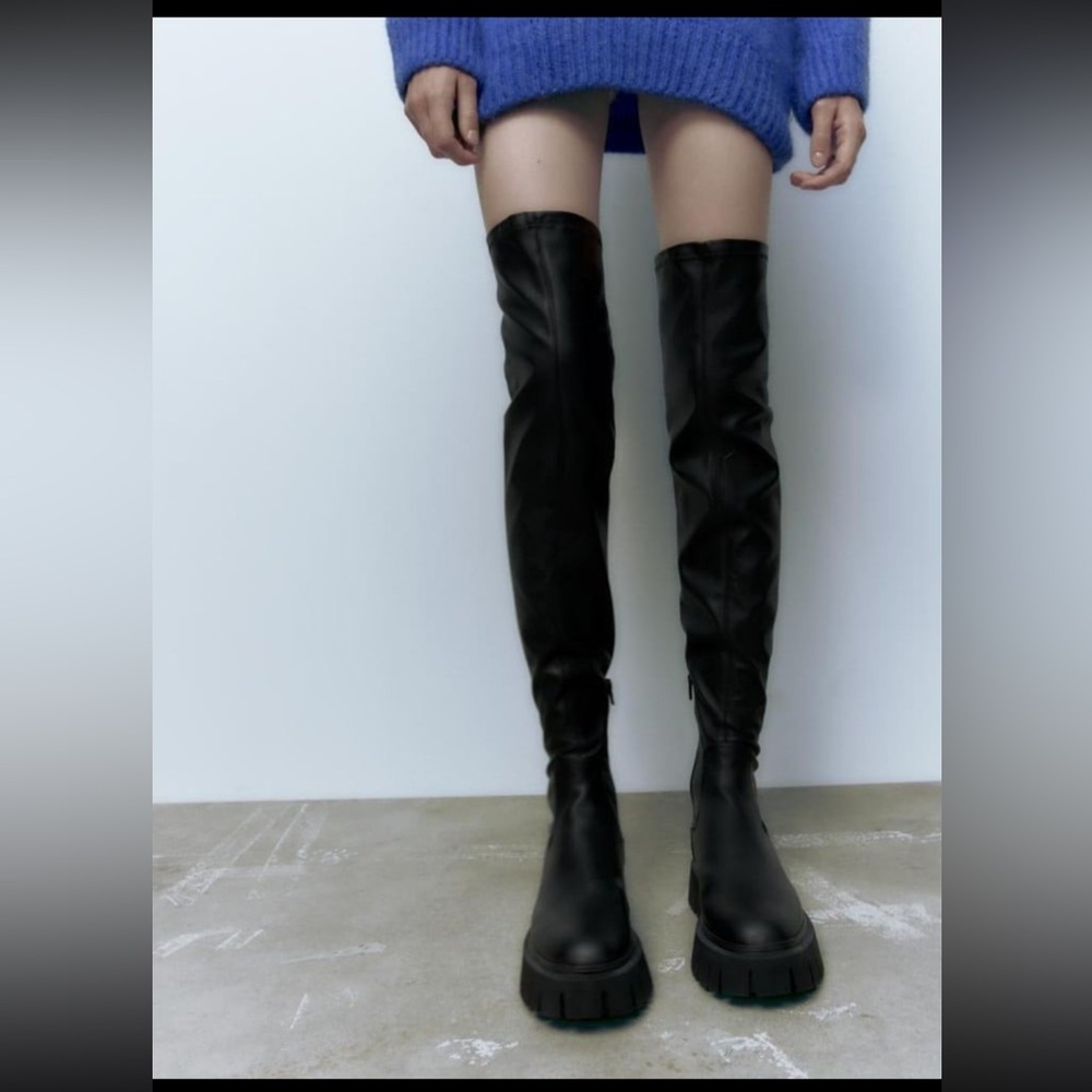 Zara Black Over-the-Knee Lug Sole Boots - Picture 2 of 4